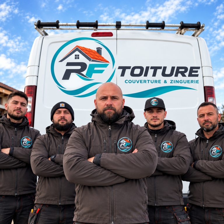 Équipe RF Toiture, couvreur zingueur à Marseille. photo de l’équipe RF Toiture devant son camion professionnel à Marseille.